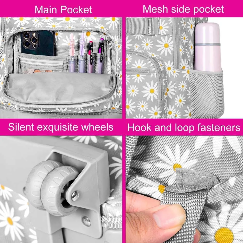 AGSDON Rolling Backpack for Girls, Women Roller Wheels Bookbag, Laptop Daisy Wheeled School Bag with Wheels for Teens