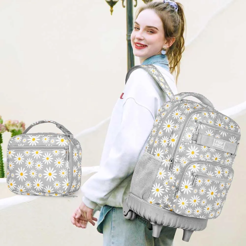 AGSDON Rolling Backpack for Girls, Women Roller Wheels Bookbag, Laptop Daisy Wheeled School Bag with Wheels for Teens