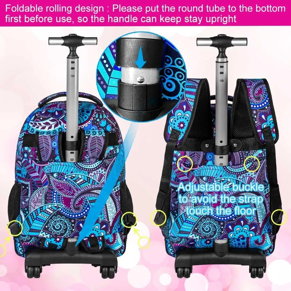 AGSDON Rolling Backpack for Girls, Women Roller Wheels Bookbag, Laptop Flower Wheeled School Bag with Wheels for Teens
