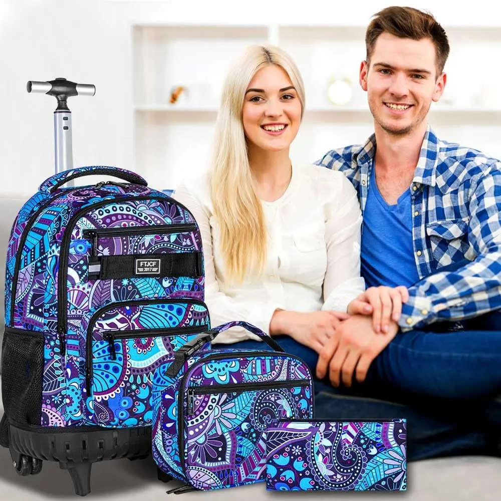 AGSDON Rolling Backpack for Girls, Women Roller Wheels Bookbag, Laptop Flower Wheeled School Bag with Wheels for Teens