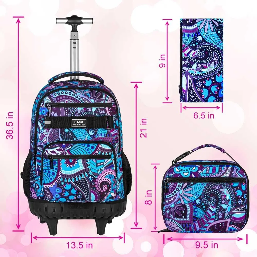 AGSDON Rolling Backpack for Girls, Women Roller Wheels Bookbag, Laptop Flower Wheeled School Bag with Wheels for Teens