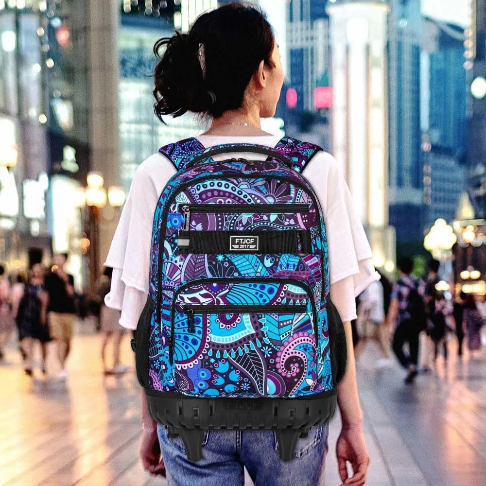 AGSDON Rolling Backpack for Girls, Women Roller Wheels Bookbag, Laptop Flower Wheeled School Bag with Wheels for Teens