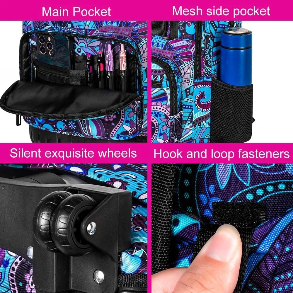AGSDON Rolling Backpack for Girls, Women Roller Wheels Bookbag, Laptop Flower Wheeled School Bag with Wheels for Teens