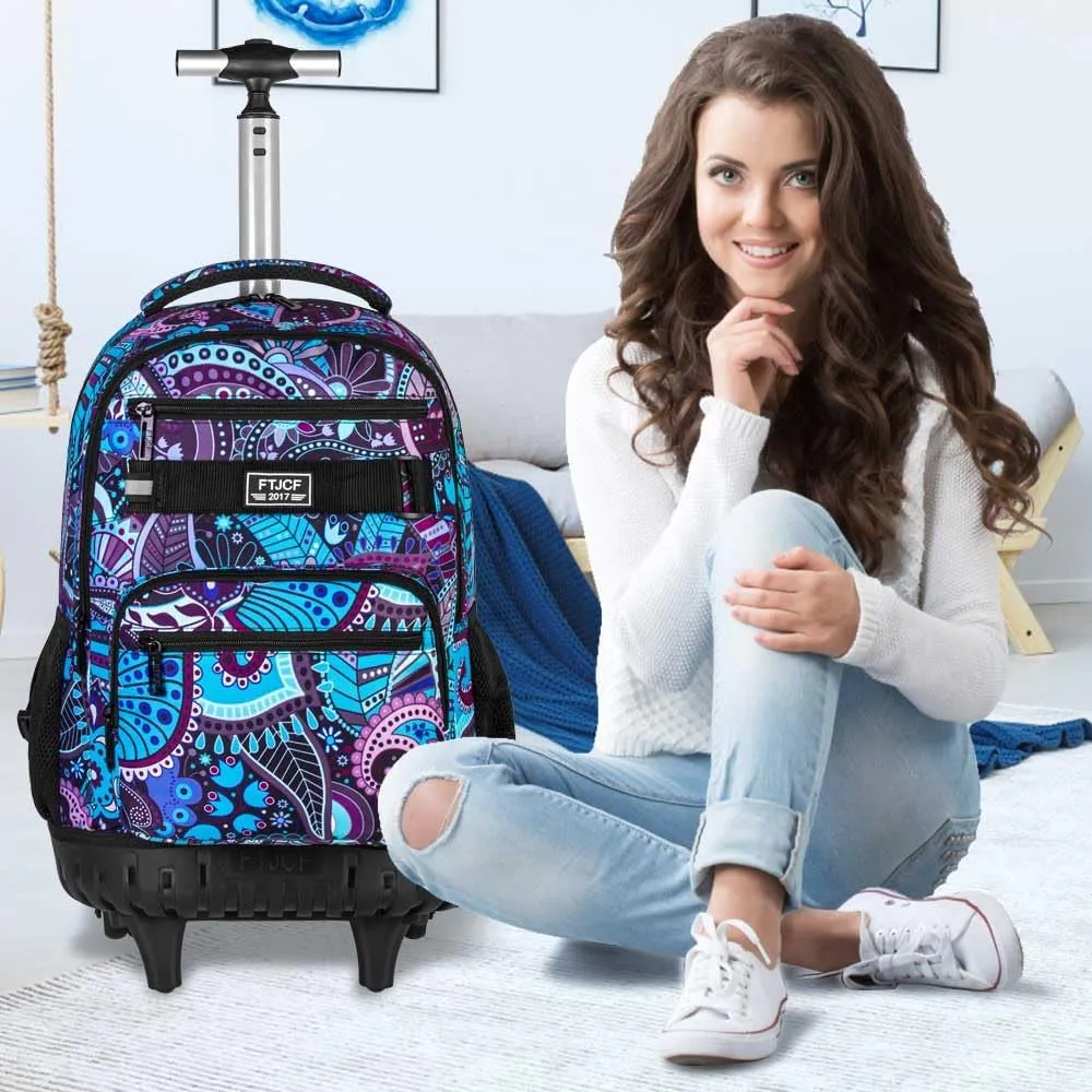AGSDON Rolling Backpack for Girls, Women Roller Wheels Bookbag, Laptop Flower Wheeled School Bag with Wheels for Teens