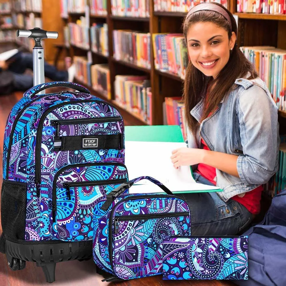 AGSDON Rolling Backpack for Girls, Women Roller Wheels Bookbag, Laptop Flower Wheeled School Bag with Wheels for Teens