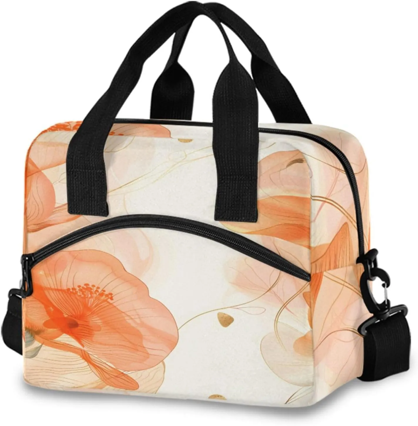 ALAZA Orange Copy Flowers Plant Leaves Insulated Lunch Bag for Women Reusable Lunch BoxCooler Tote Bag with Shoulder Strap Men Picnic School Lunchbox
