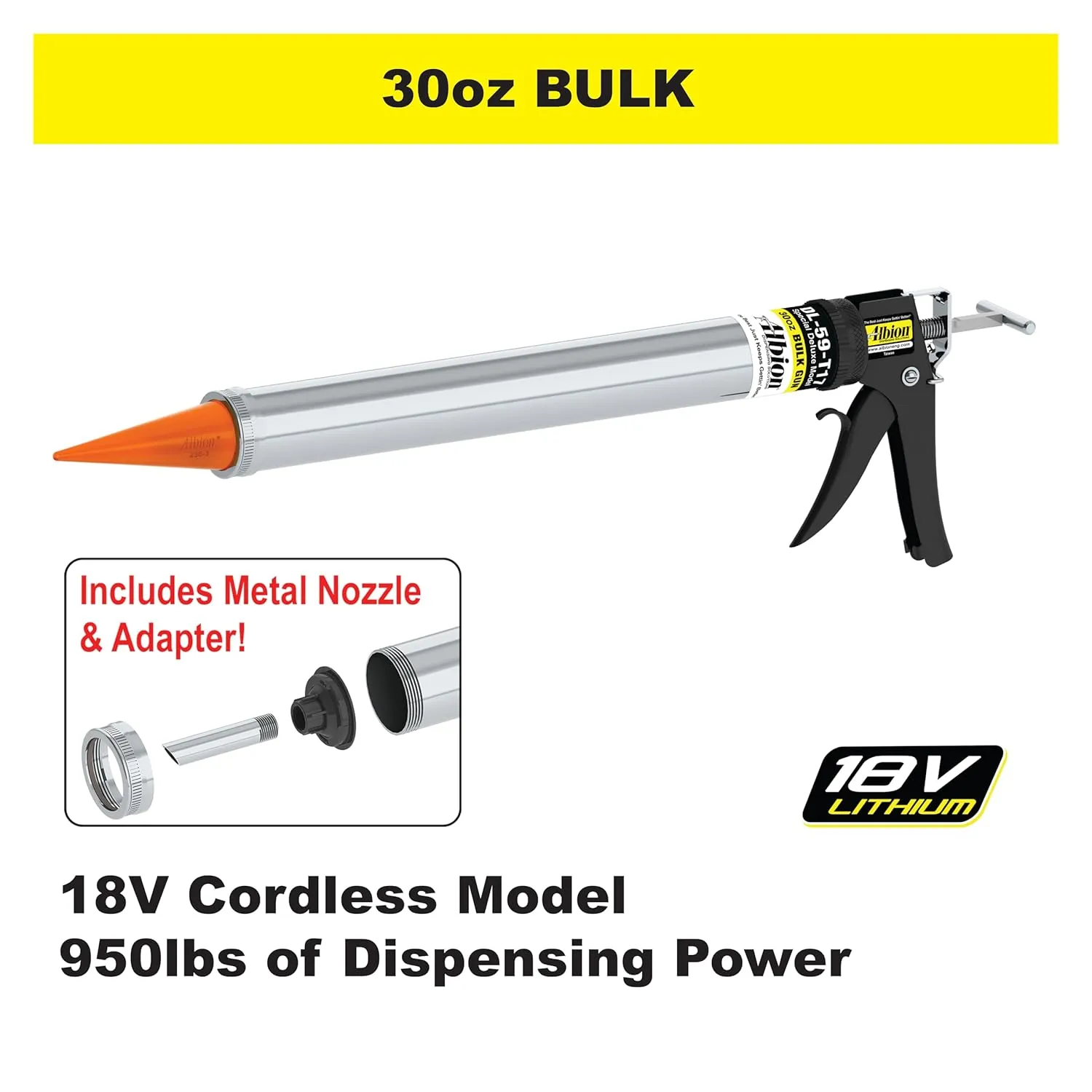 Albion Engineering Company DL-59-T17 Professional Line Special Deluxe Manual Bulk Caulking Gun with Metal Nozzle, Metal Adapter & 3 Orange Cone Nozzles, 30 oz