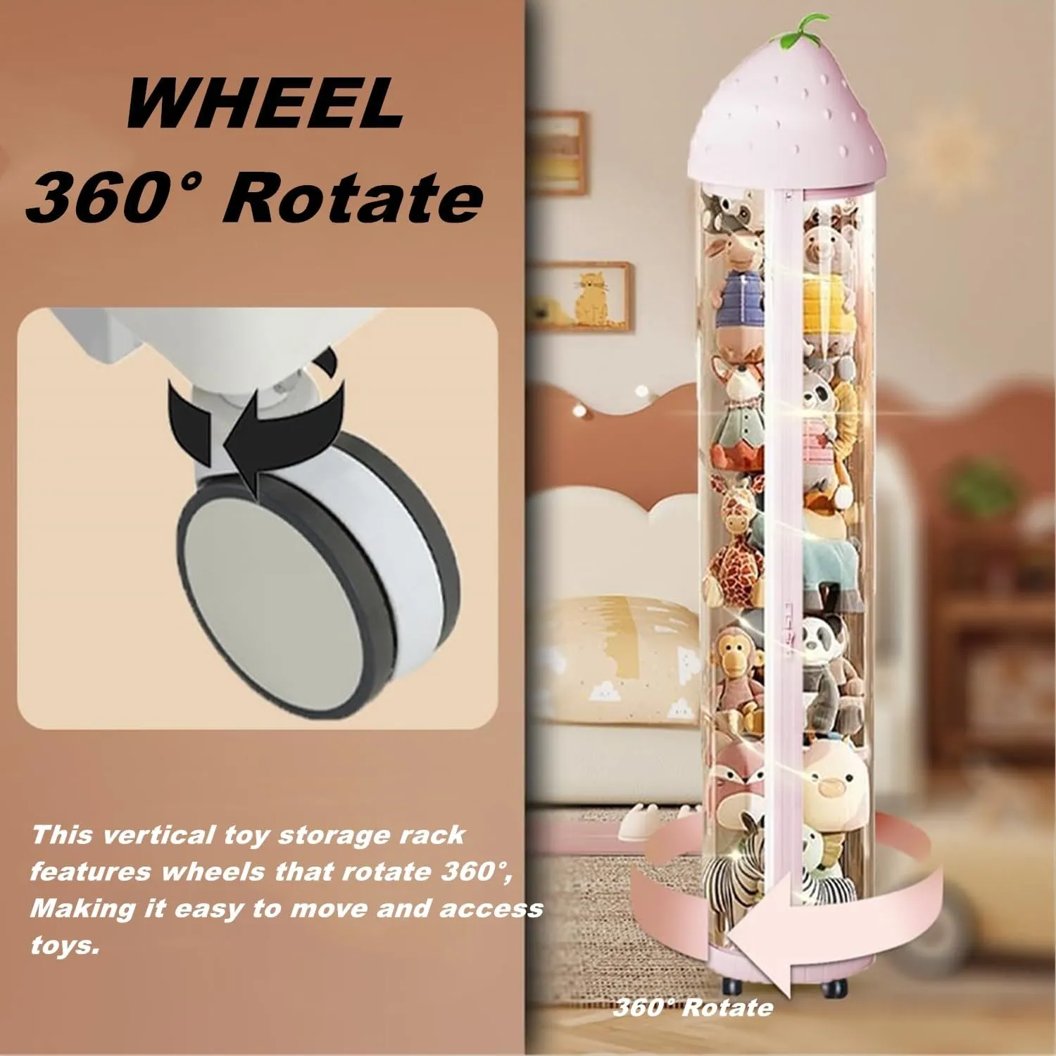 AmazonBasics Clear Stuffed Animal Display Tube with 360 Wheels, Zipper, LED Lights - Dust-proof Toy Tower Storage (White, Medium-56IN)