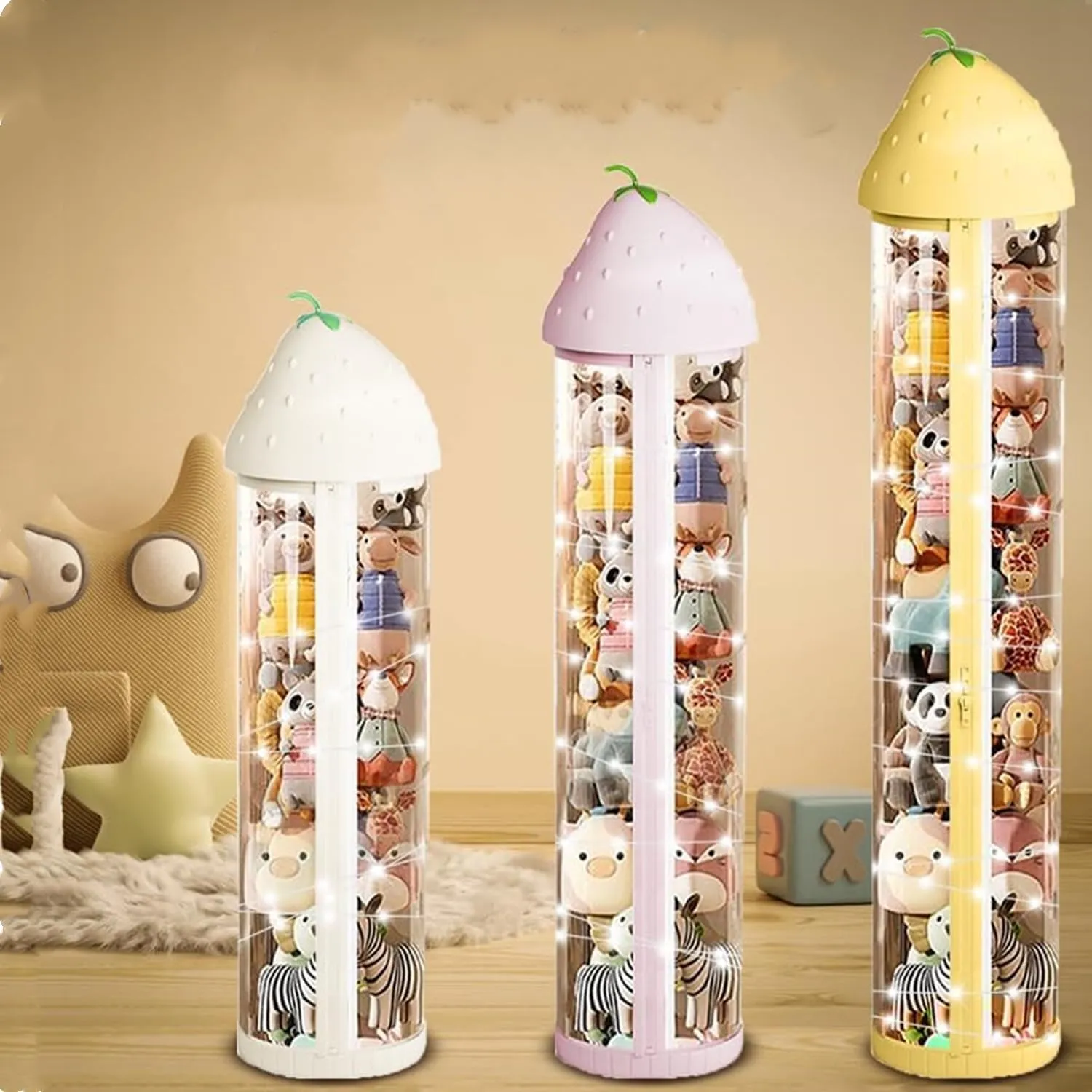 AmazonBasics Clear Stuffed Animal Display Tube with 360 Wheels, Zipper, LED Lights - Dust-proof Toy Tower Storage (White, Medium-56IN)
