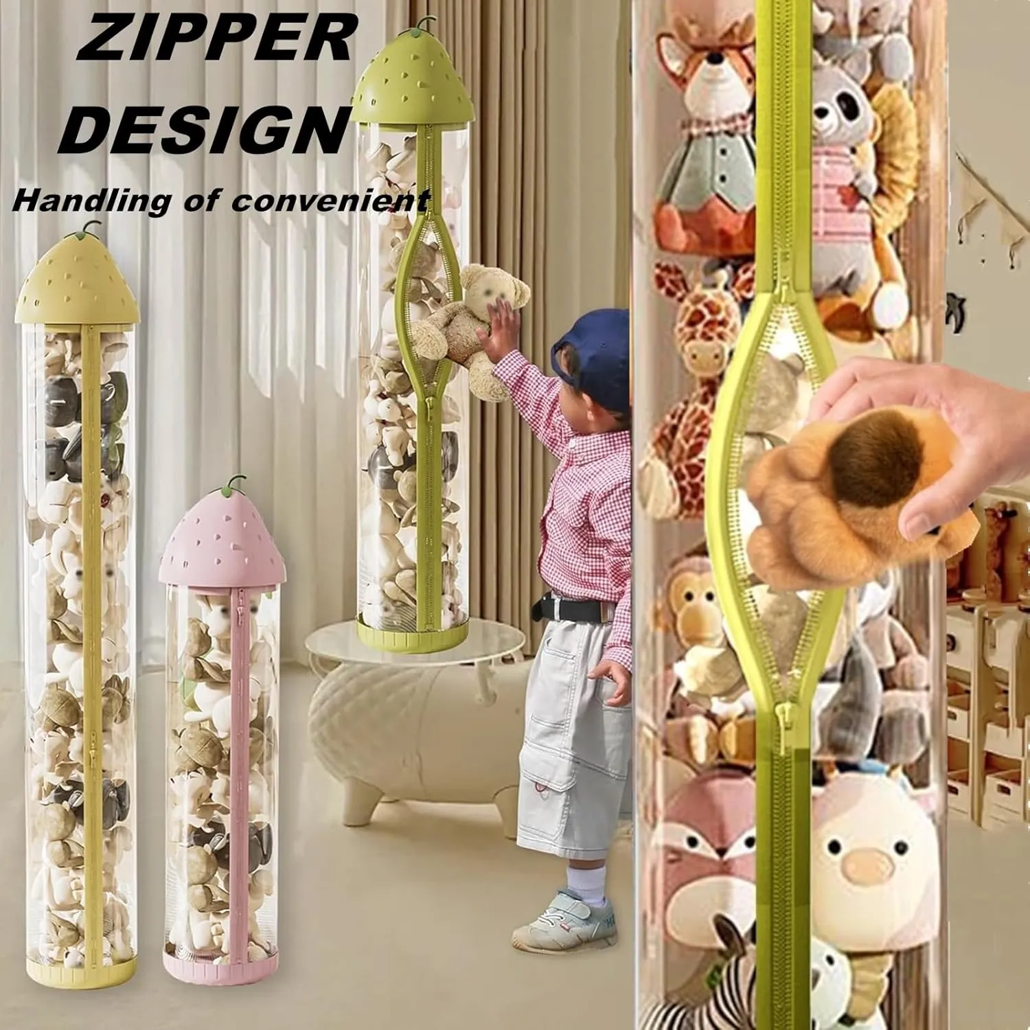 AmazonBasics Clear Stuffed Animal Display Tube with 360 Wheels, Zipper, LED Lights - Dust-proof Toy Tower Storage (White, Medium-56IN)