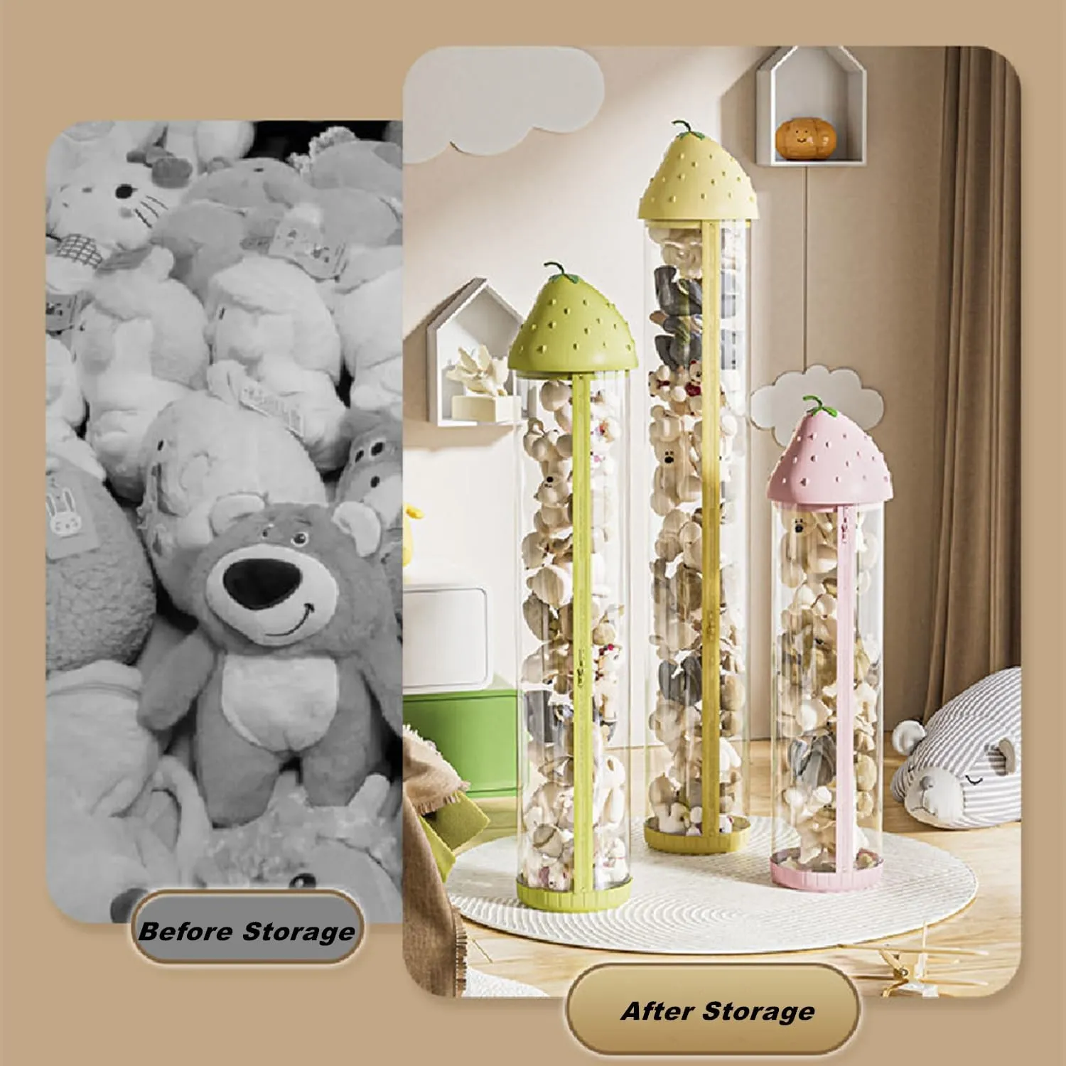 AmazonBasics Clear Stuffed Animal Display Tube with 360 Wheels, Zipper, LED Lights - Dust-proof Toy Tower Storage (White, Medium-56IN)