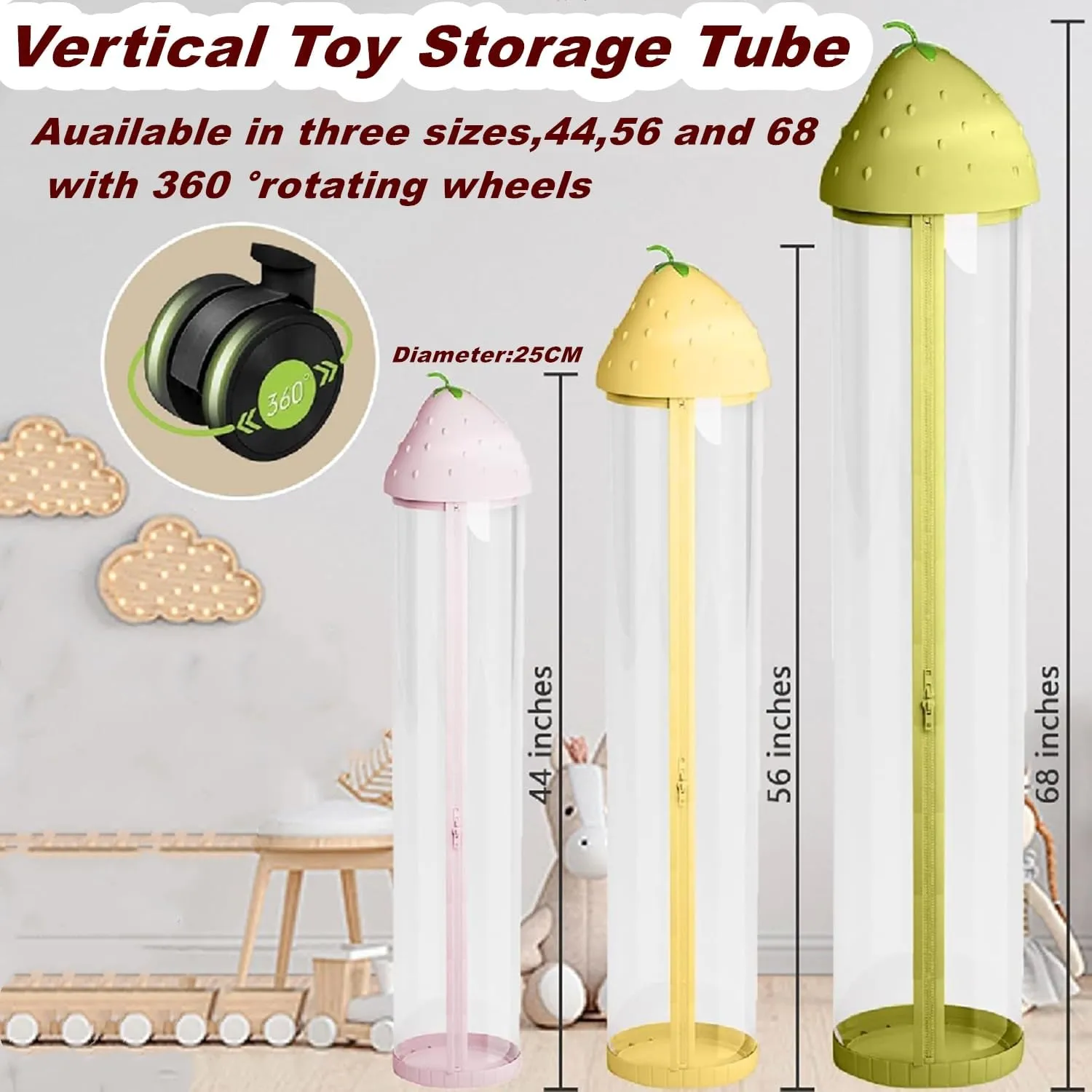AmazonBasics Clear Stuffed Animal Display Tube with 360 Wheels, Zipper, LED Lights - Dust-proof Toy Tower Storage (White, Medium-56IN)