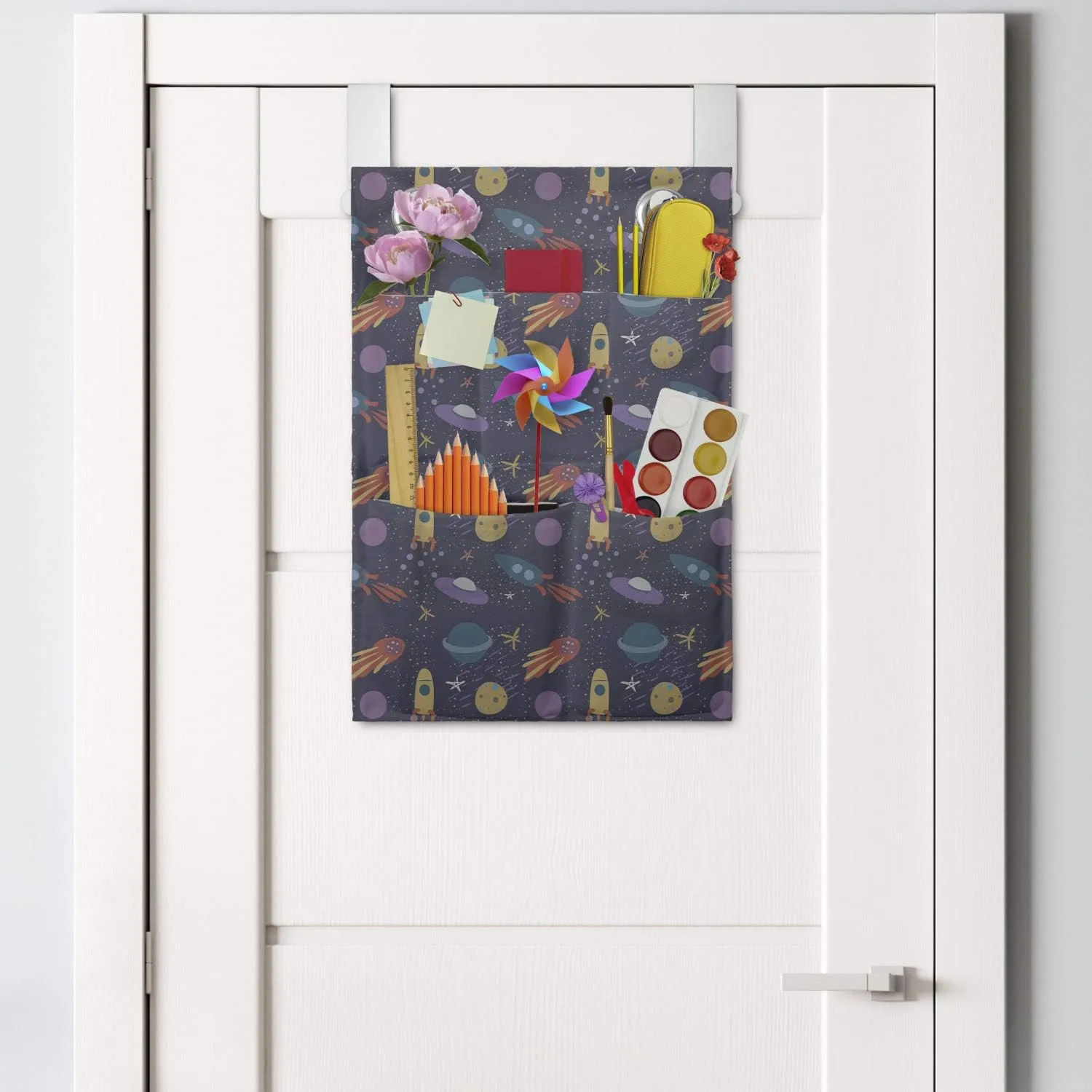 Ambesonne Alien Hanging Pocket Organizer, Space Themed Comet Stars Rockets and Planets in Pastel Tones, Printed Polyester Storage Bag with Pockets, 14" x 20", Multicolor