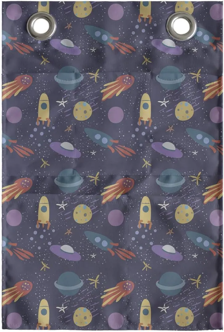 Ambesonne Alien Hanging Pocket Organizer, Space Themed Comet Stars Rockets and Planets in Pastel Tones, Printed Polyester Storage Bag with Pockets, 14" x 20", Multicolor