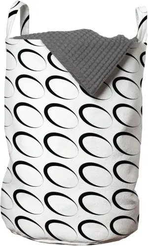Ambesonne Black and White Laundry Bag, Minimal Pattern with Slanted Oval Shapes Elongated Elliptic Outlines, Hamper Basket with Handles Drawstring Closure for Laundromats, 13" x 19", Black and White