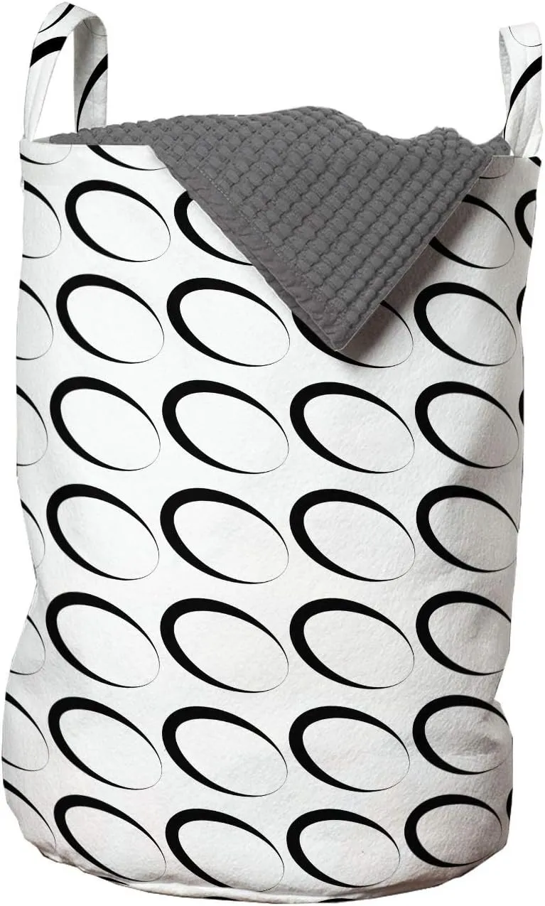 Ambesonne Black and White Laundry Bag, Minimal Pattern with Slanted Oval Shapes Elongated Elliptic Outlines, Hamper Basket with Handles Drawstring Closure for Laundromats, 13" x 19", Black and White