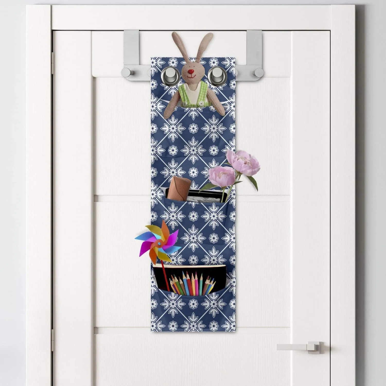 Ambesonne Blue Hanging Pocket Organizer, Checkered Pattern with Abstract Spring Blossoms Folkloric Holland Cultural Pattern, Printed Polyester Storage Bag with Pockets, 9" x 27", Blue White
