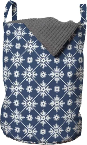 Ambesonne Blue Laundry Bag, Checkered Pattern with Abstract Spring Blossoms Folkloric Holland Cultural Pattern, Hamper Basket with Handles Drawstring Closure for Laundromats, 13" x 19", Blue White