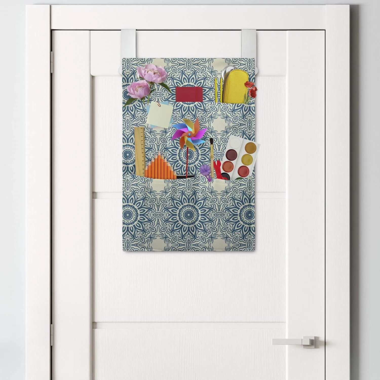 Ambesonne Blue Mandala Hanging Pocket Organizer, Repetitive Abstract Sunflower Interpretation Folkloric Motifs Print, Printed Polyester Storage Bag with Pockets, 14" x 20", Ivory and Petrol Blue