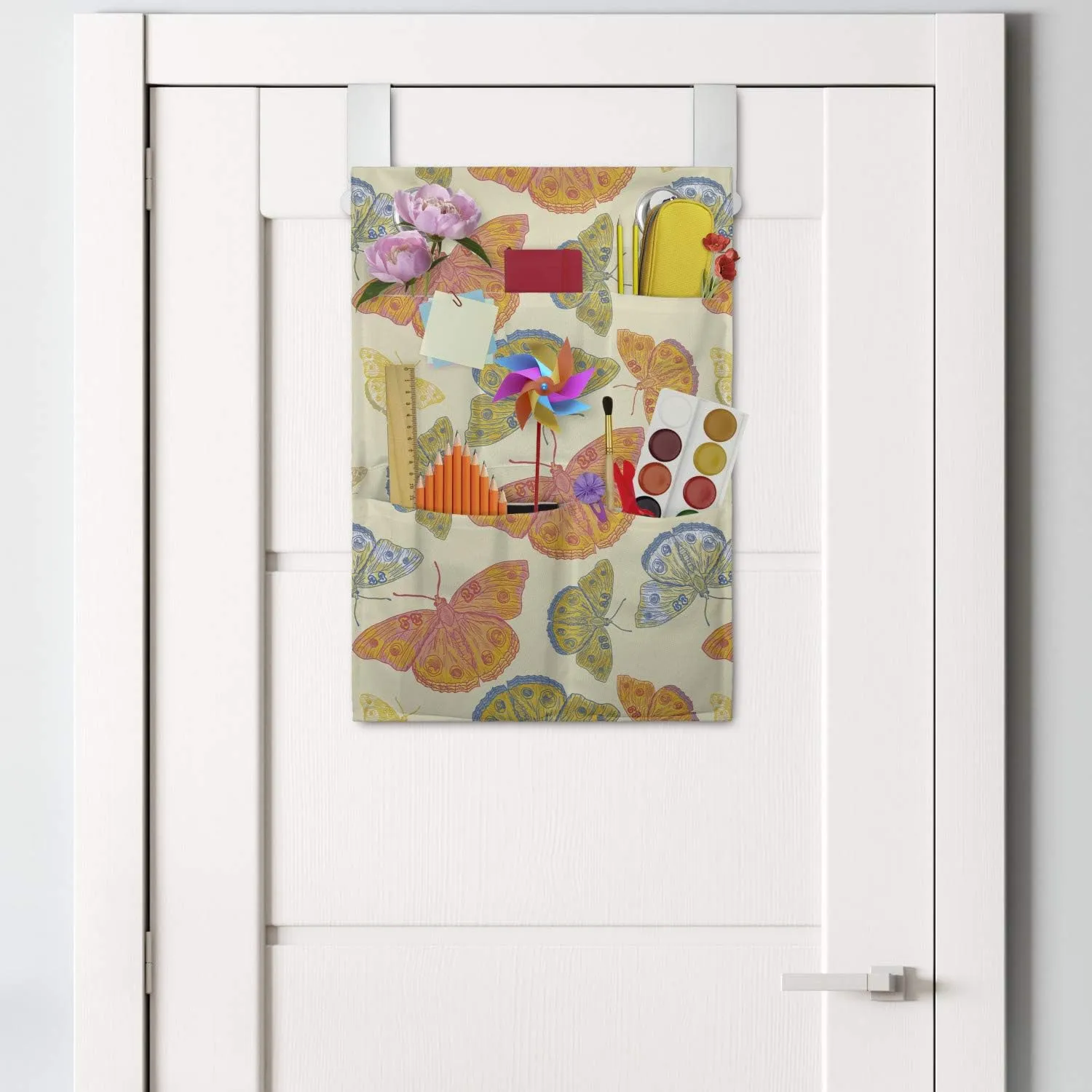 Ambesonne Butterflies Hanging Pocket Organizer, Hand Drawn Sketchy Interpretation, Printed Polyester Storage Bag with Pockets, 14" x 20", Cream Multicolor
