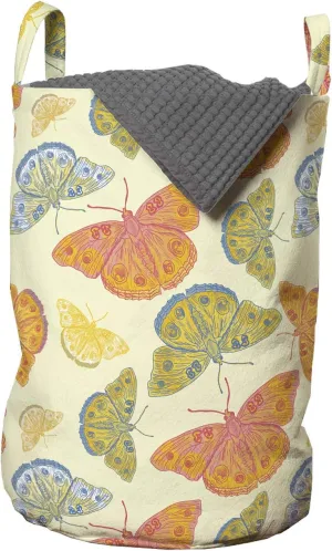 Ambesonne Butterflies Laundry Bag, Hand Drawn Sketchy Interpretation, Hamper Basket with Handles Drawstring Closure for Laundromats, 13" x 19", Cream Multicolor