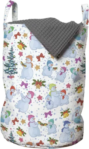 Ambesonne Christmas Laundry Bag, Holiday Xmas Eve Carol Theme Snowman Pine Trees and Snowflakes Ribbons Image, Hamper Basket with Handles Drawstring Closure for Laundromats, 13" x 19", Multicolor