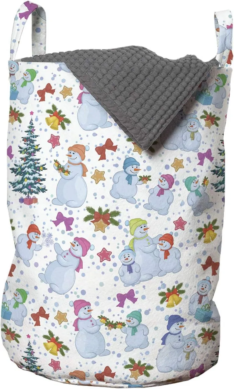 Ambesonne Christmas Laundry Bag, Holiday Xmas Eve Carol Theme Snowman Pine Trees and Snowflakes Ribbons Image, Hamper Basket with Handles Drawstring Closure for Laundromats, 13" x 19", Multicolor