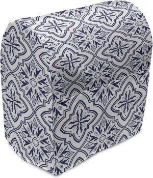 Ambesonne Delft Stand Mixer Cover, Monochrome Repetition of Victorian Historic Holland Dutch Mosaic Tile Like, Kitchen Appliance Organizer Bag Cover with a Pocket, 6-8 Quarts, Indigo and White