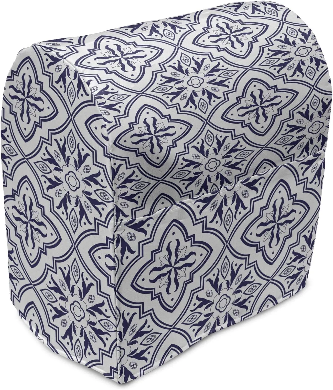 Ambesonne Delft Stand Mixer Cover, Monochrome Repetition of Victorian Historic Holland Dutch Mosaic Tile Like, Kitchen Appliance Organizer Bag Cover with a Pocket, 6-8 Quarts, Indigo and White
