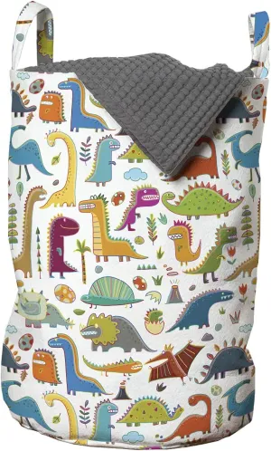 Ambesonne Dinosaur Funny Laundry Bag, Palaeontology Extinct Animal Herbivore Smoothly Continuous Pattern of Art, Hamper Basket with Handles Drawstring Closure for Laundromats, 13" x 19", Multicolor