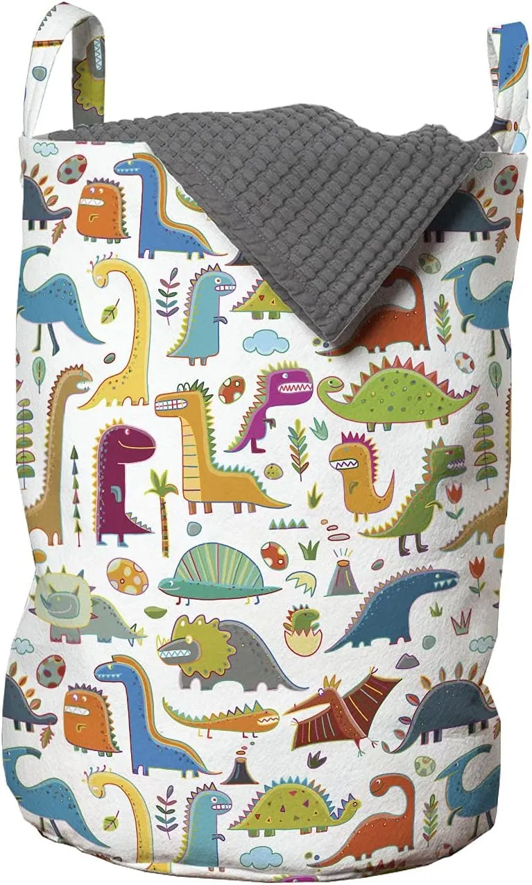 Ambesonne Dinosaur Funny Laundry Bag, Palaeontology Extinct Animal Herbivore Smoothly Continuous Pattern of Art, Hamper Basket with Handles Drawstring Closure for Laundromats, 13" x 19", Multicolor