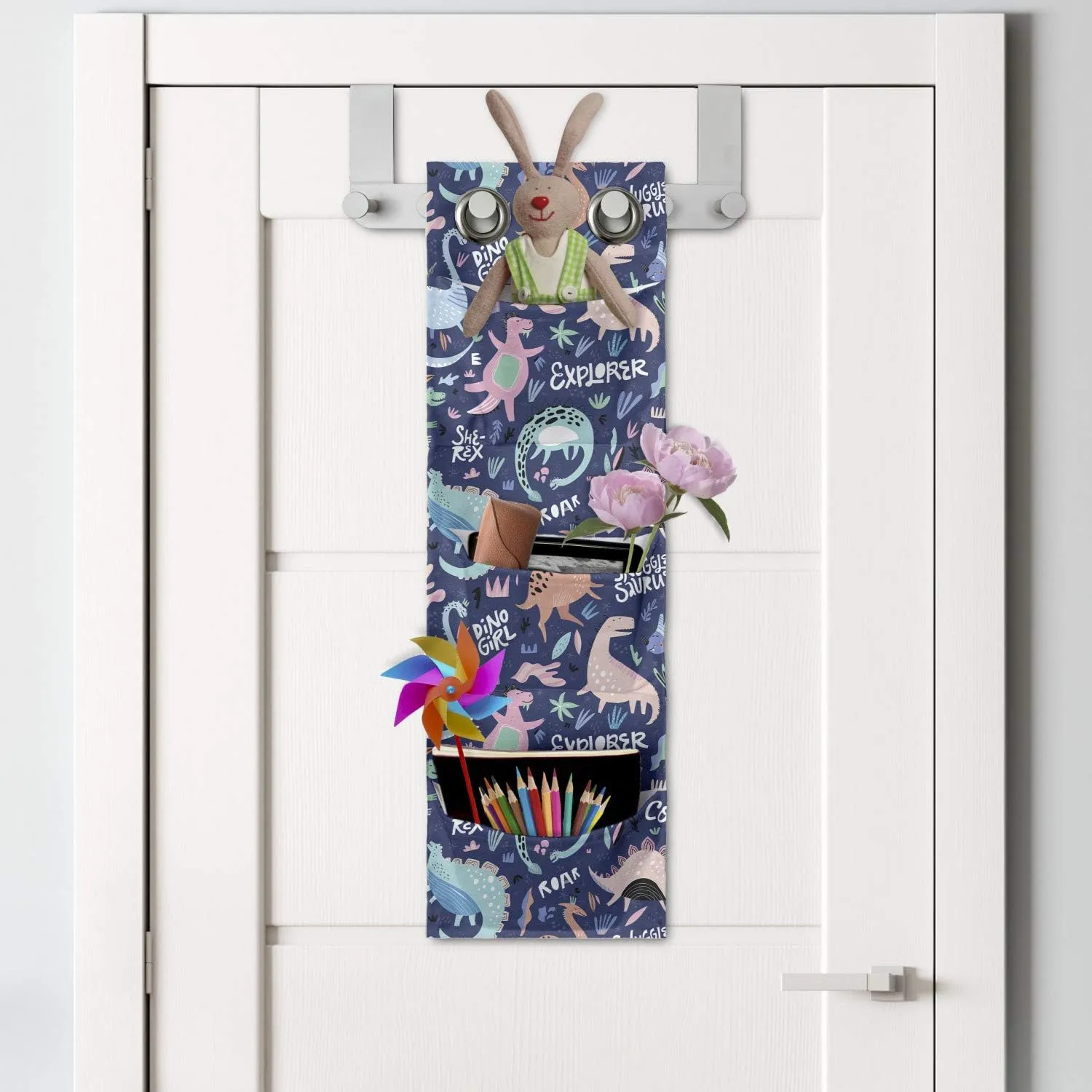 Ambesonne Dinosaur Hanging Pocket Organizer, Cartoonish Abstract Extinct Animals She-rex Dino Girl, Printed Polyester Storage Bag with Pockets, 9" x 27", Dark Indigo and Multicolor