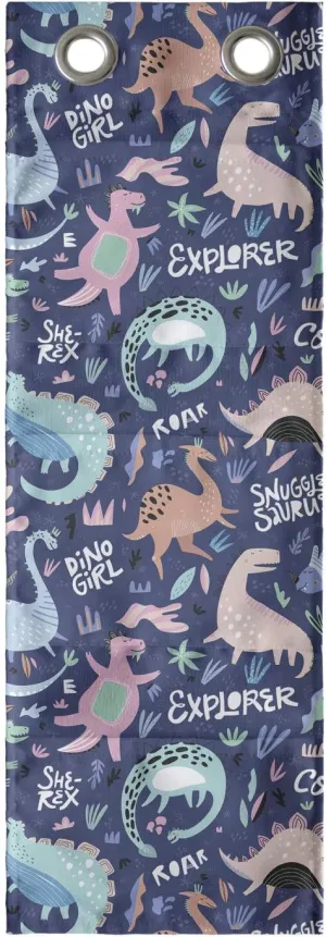 Ambesonne Dinosaur Hanging Pocket Organizer, Cartoonish Abstract Extinct Animals She-rex Dino Girl, Printed Polyester Storage Bag with Pockets, 9" x 27", Dark Indigo and Multicolor