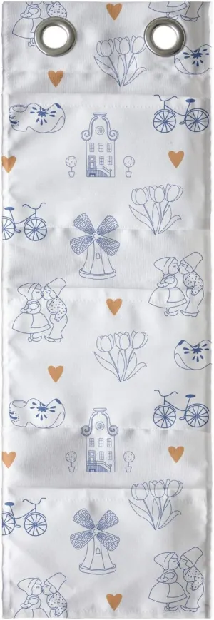 Ambesonne Dutch Hanging Pocket Organizer, Traditional Holland Culture Elements with Doodle Style Clogs Bicycles, Printed Polyester Storage Bag with Pockets, 9" x 27", Navy Blue Orange