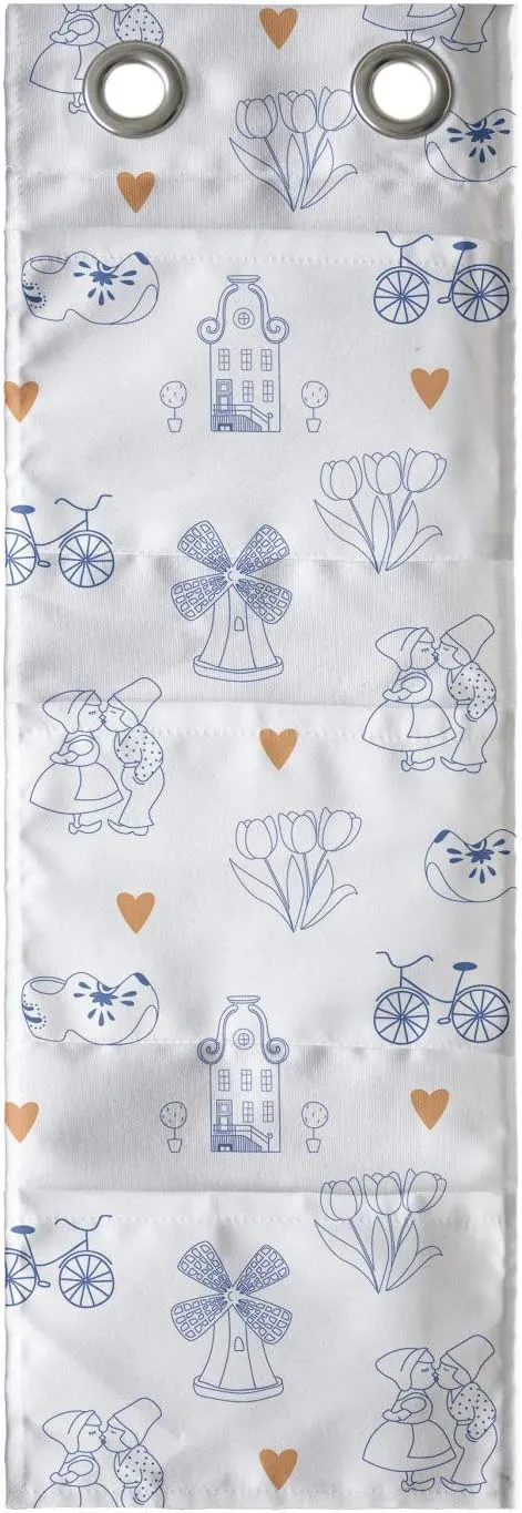 Ambesonne Dutch Hanging Pocket Organizer, Traditional Holland Culture Elements with Doodle Style Clogs Bicycles, Printed Polyester Storage Bag with Pockets, 9" x 27", Navy Blue Orange