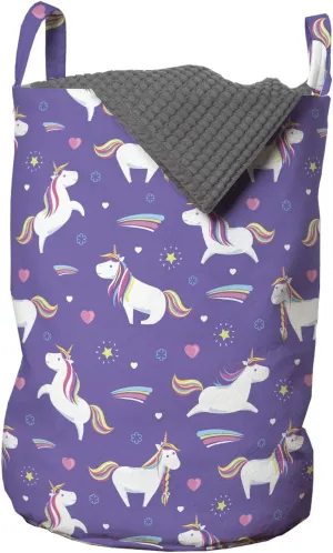 Ambesonne Fantasy World Laundry Bag, Dreamy Unicorns Pattern with Rainbow Mane, Hamper Basket with Handles Drawstring Closure for Laundromats, 13" x 19", Blue Violet Multicolor