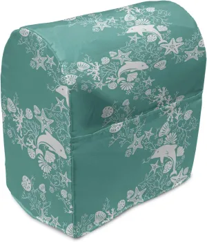 Ambesonne Fish Stand Mixer Cover, Dolphins Starfishes and Seashells Floral and Animal Pattern Swirls Stalks Flowers, Kitchen Appliance Organizer Bag Cover with a Pocket, 6-8 Quarts, Turquoise White