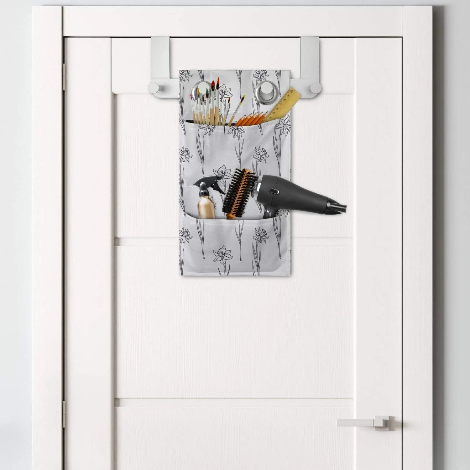 Ambesonne Floral Hanging Pocket Organizer, Basic Interpretation of Flowers of Narcissus Drawings Botanical Garden Art, Printed Polyester Storage Bag with Pockets, 9" x 16", Dark Grey and White