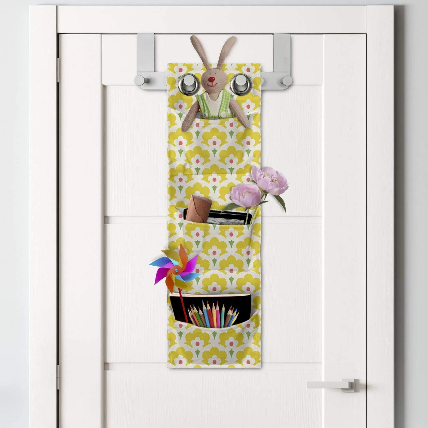 Ambesonne Floral Hanging Pocket Organizer, Continuous Demonstration of Retro Look Happy Spring Tone Flowers Print, Printed Polyester Storage Bag with Pockets, 9" x 27", Yellow and Lime Green