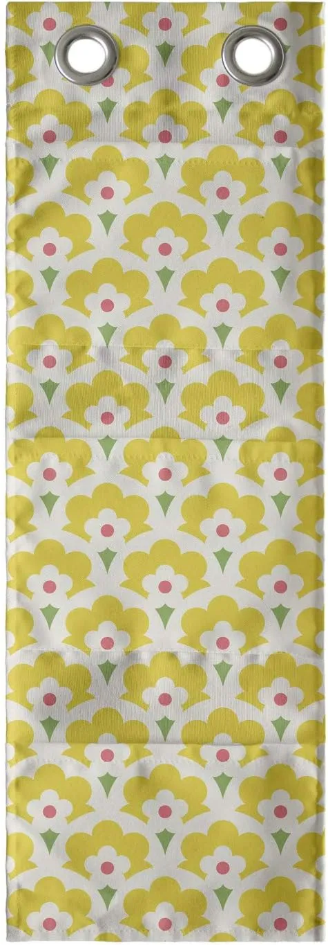 Ambesonne Floral Hanging Pocket Organizer, Continuous Demonstration of Retro Look Happy Spring Tone Flowers Print, Printed Polyester Storage Bag with Pockets, 9" x 27", Yellow and Lime Green