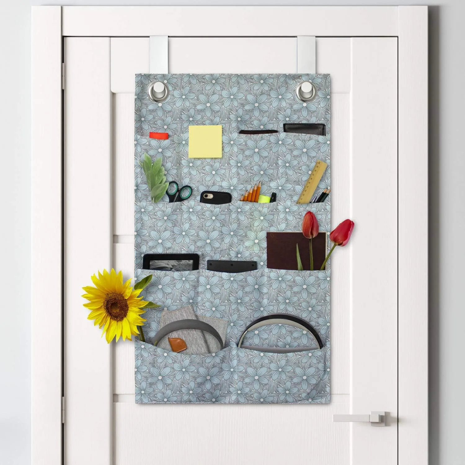 Ambesonne Floral Hanging Pocket Organizer, Continuous Interpretation of Flourishing Flowers Botanical Art, Printed Polyester Storage Bag with Pockets, 21" x 31", Aqua White Dark Grey