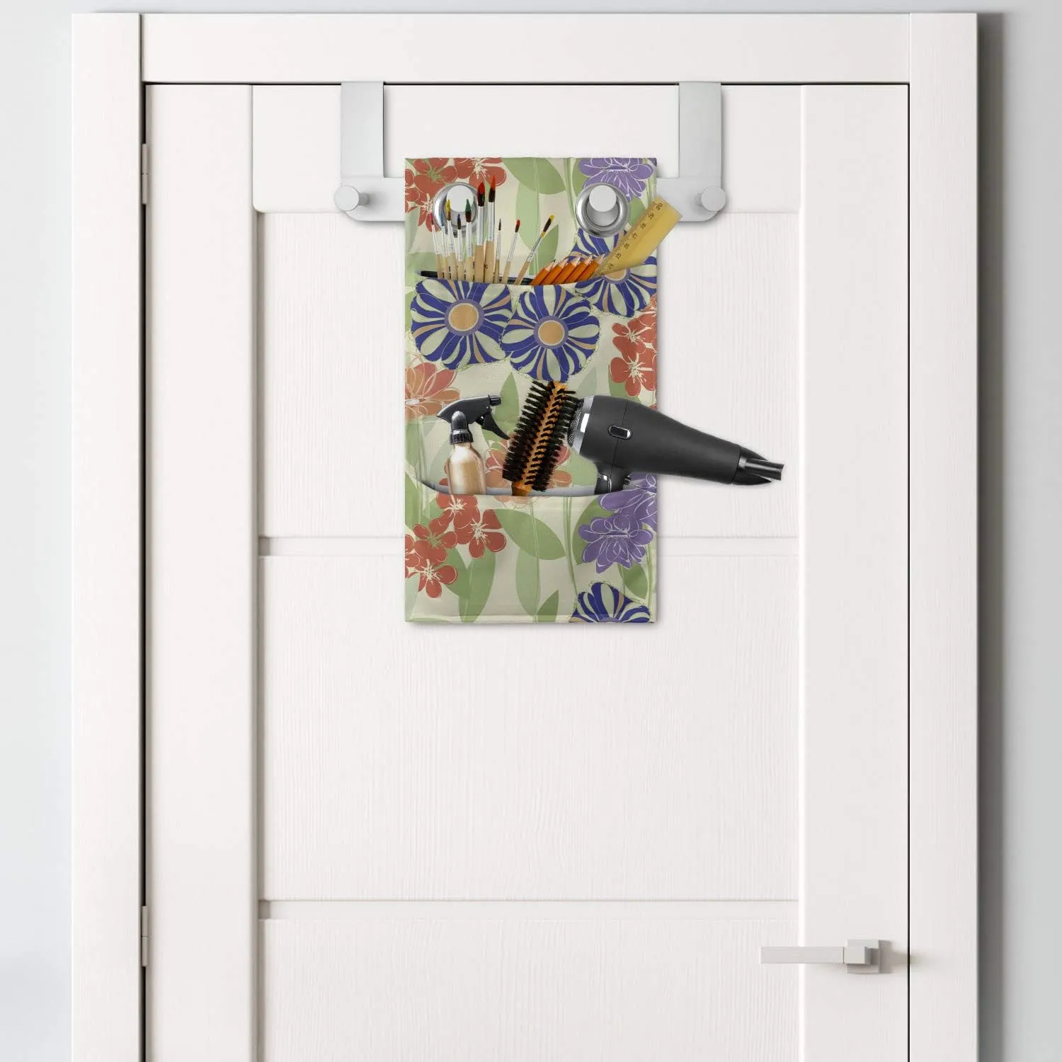Ambesonne Floral Hanging Pocket Organizer, Doodle Interpretation of Blossoming Summer Flowers, Printed Polyester Storage Bag with Pockets, 9" x 16", Multicolor