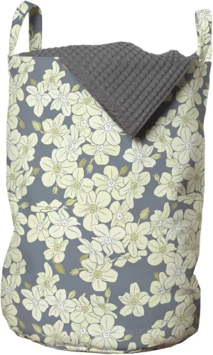 Ambesonne Floral Laundry Bag, Rhythmic Blossoming Flowers Illustration Budding English Garden Art, Hamper Basket with Handles Drawstring Closure for Laundromats, 13" x 19", Blue Grey and Eggshell