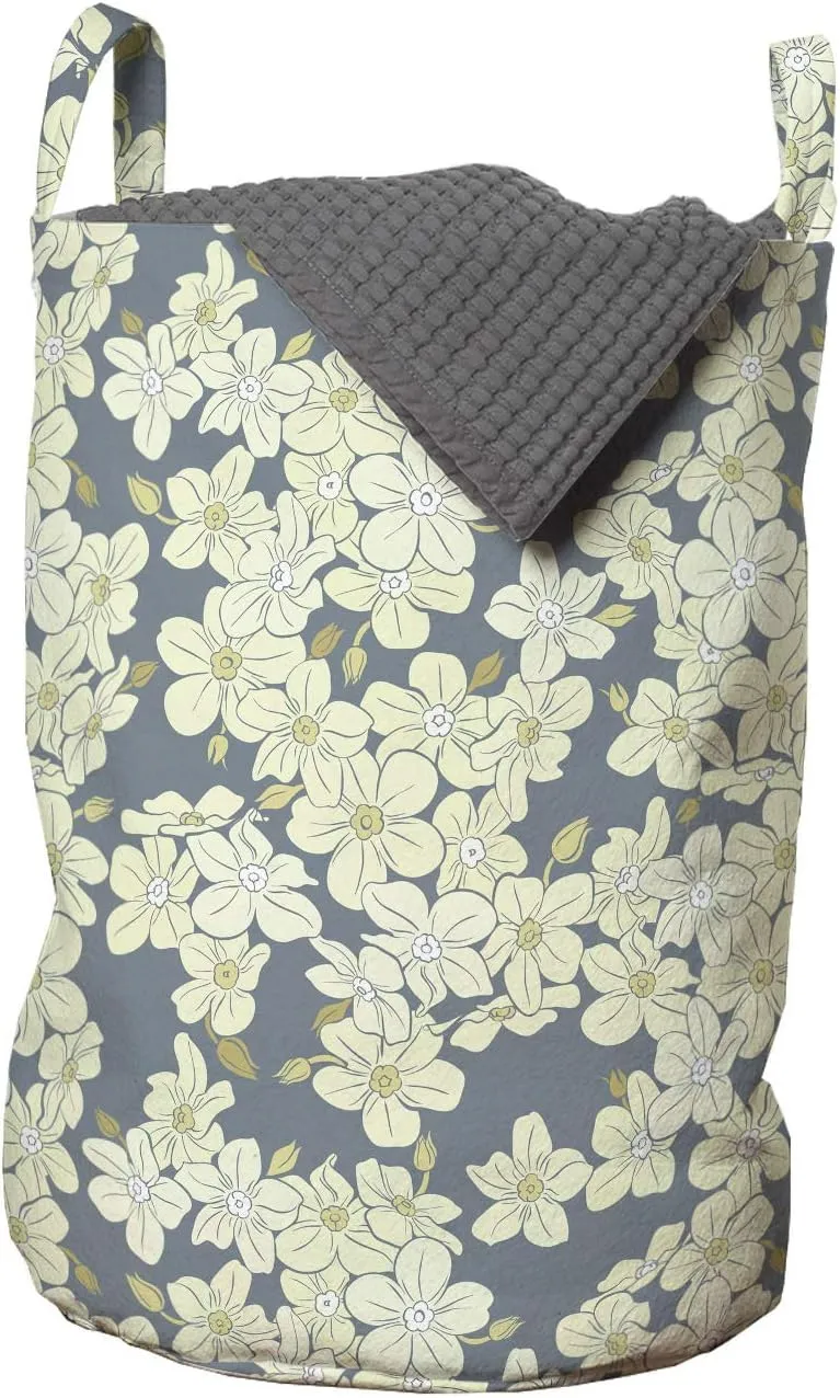 Ambesonne Floral Laundry Bag, Rhythmic Blossoming Flowers Illustration Budding English Garden Art, Hamper Basket with Handles Drawstring Closure for Laundromats, 13" x 19", Blue Grey and Eggshell