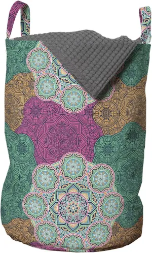 Ambesonne Flower Laundry Bag, Symmetrical Pattern of Enchanted Mandala Cosmos Depiction of Universe Illustration, Hamper Basket with Handles Drawstring Closure for Laundromats, 13" x 19", Multicolor