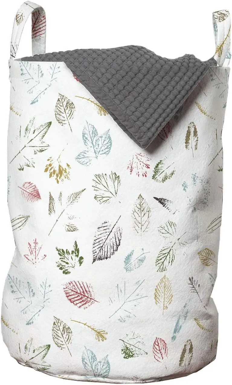 Ambesonne Foliage Laundry Bag, Botanical Theme Leaf Imprints Various Autumn Elements Pattern Natural Artwork, Hamper Basket with Handles Drawstring Closure for Laundromats, 13" x 19", Multicolor