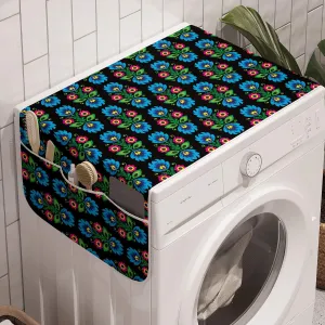Ambesonne Folk Art Washing Machine Organizer, Culture Themed Traditional Polish Flower Ornamental Motif on Dark Background, Anti-slip Fabric Top Cover for Washer and Dryer, 47" x 18.5", Black Blue