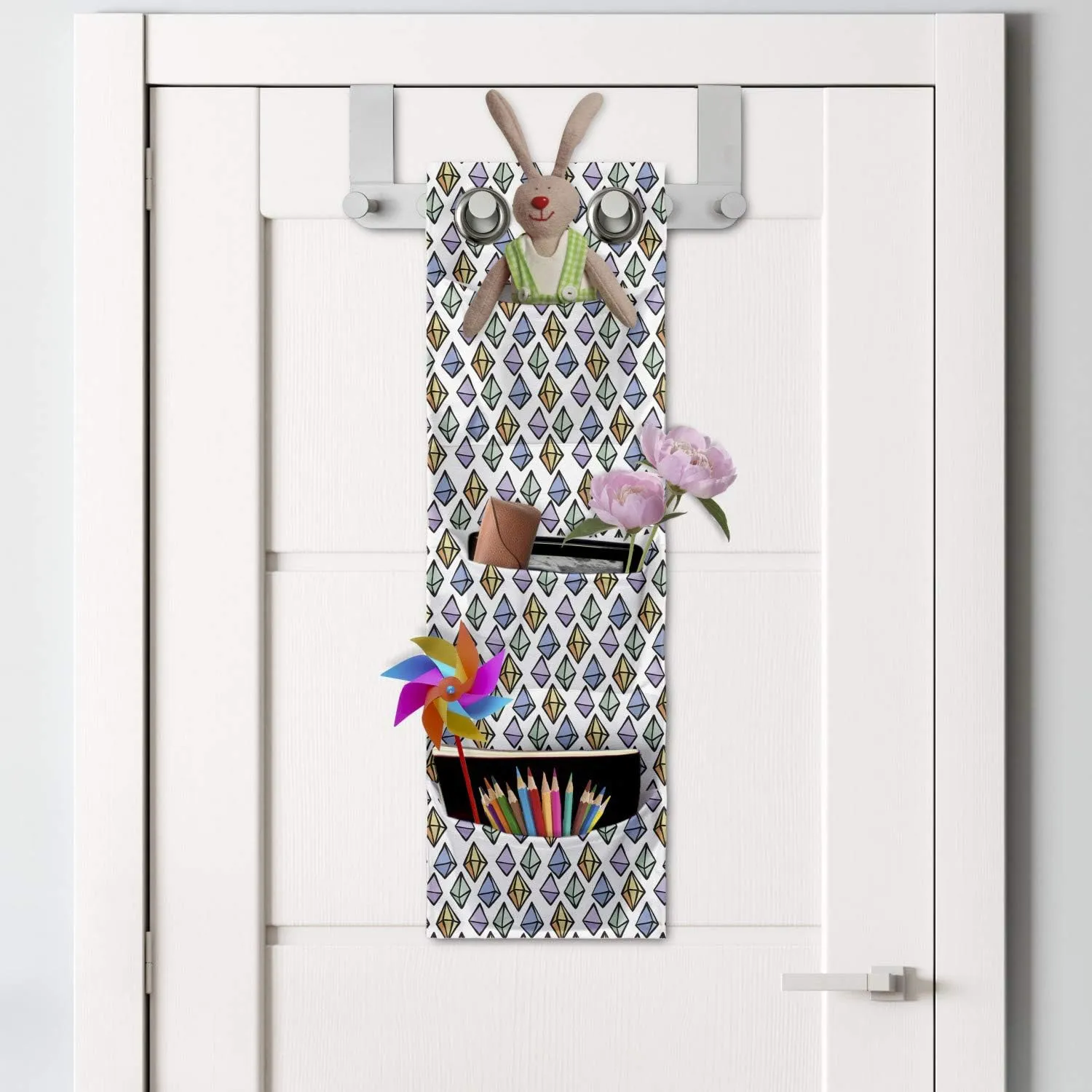 Ambesonne Geology Hanging Pocket Organizer, Hand Drawn Illustration of Gemstones Colorful Rainbow Style Elements Retro Design, Printed Polyester Storage Bag with Pockets, 9" x 27", Multicolor