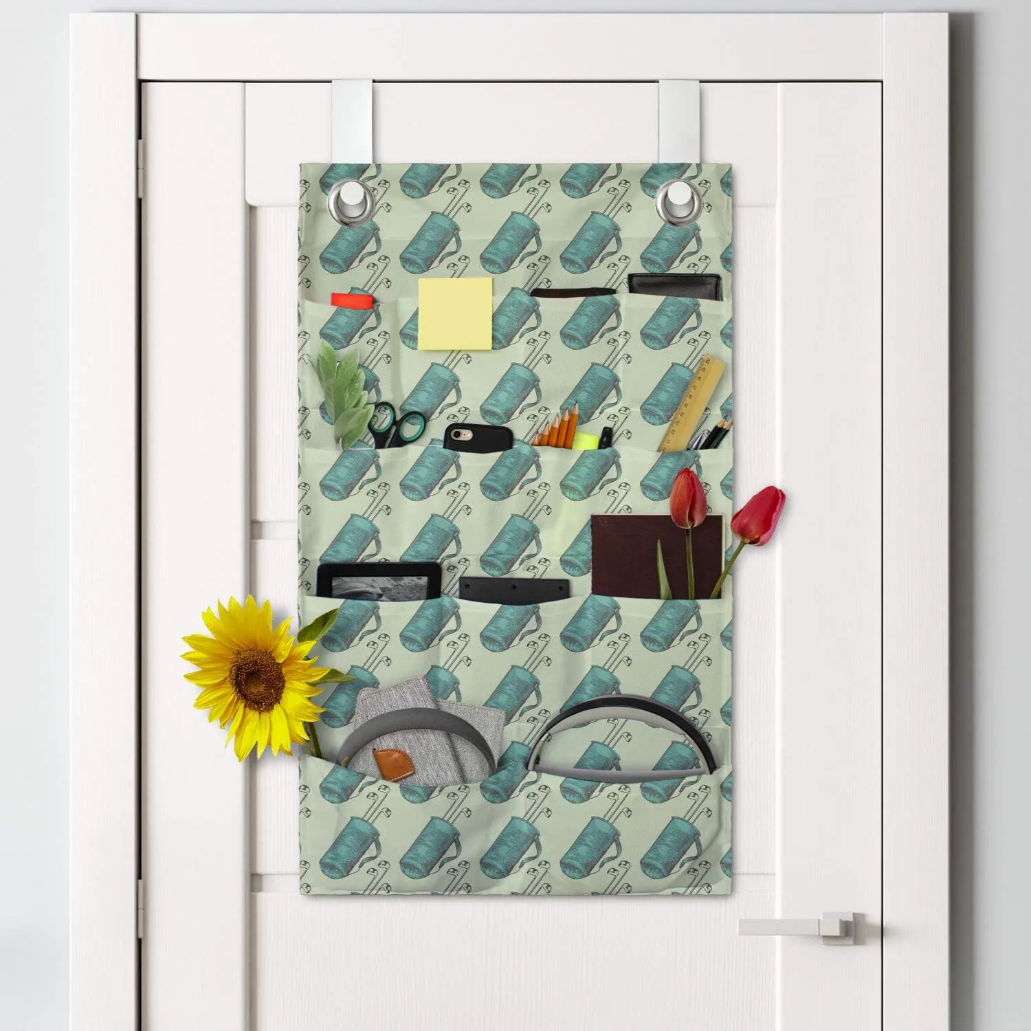 Ambesonne Golf Hanging Pocket Organizer, Clubs in a Bag with Shoulder Straps Modern Sports Hobby Illustration, Printed Polyester Storage Bag with Pockets, 21" x 31", Turquoise and Pale Green