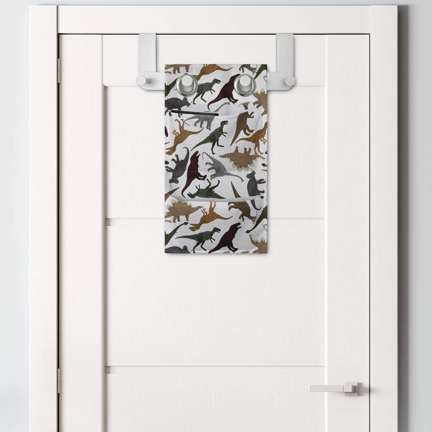 Ambesonne Jurassic Hanging Pocket Organizer, Pattern Dinosaurs Enormous Museum History Cartoony Illustration, Printed Polyester Storage Bag with Pockets, 9" x 16", Dark Orange Burgundy